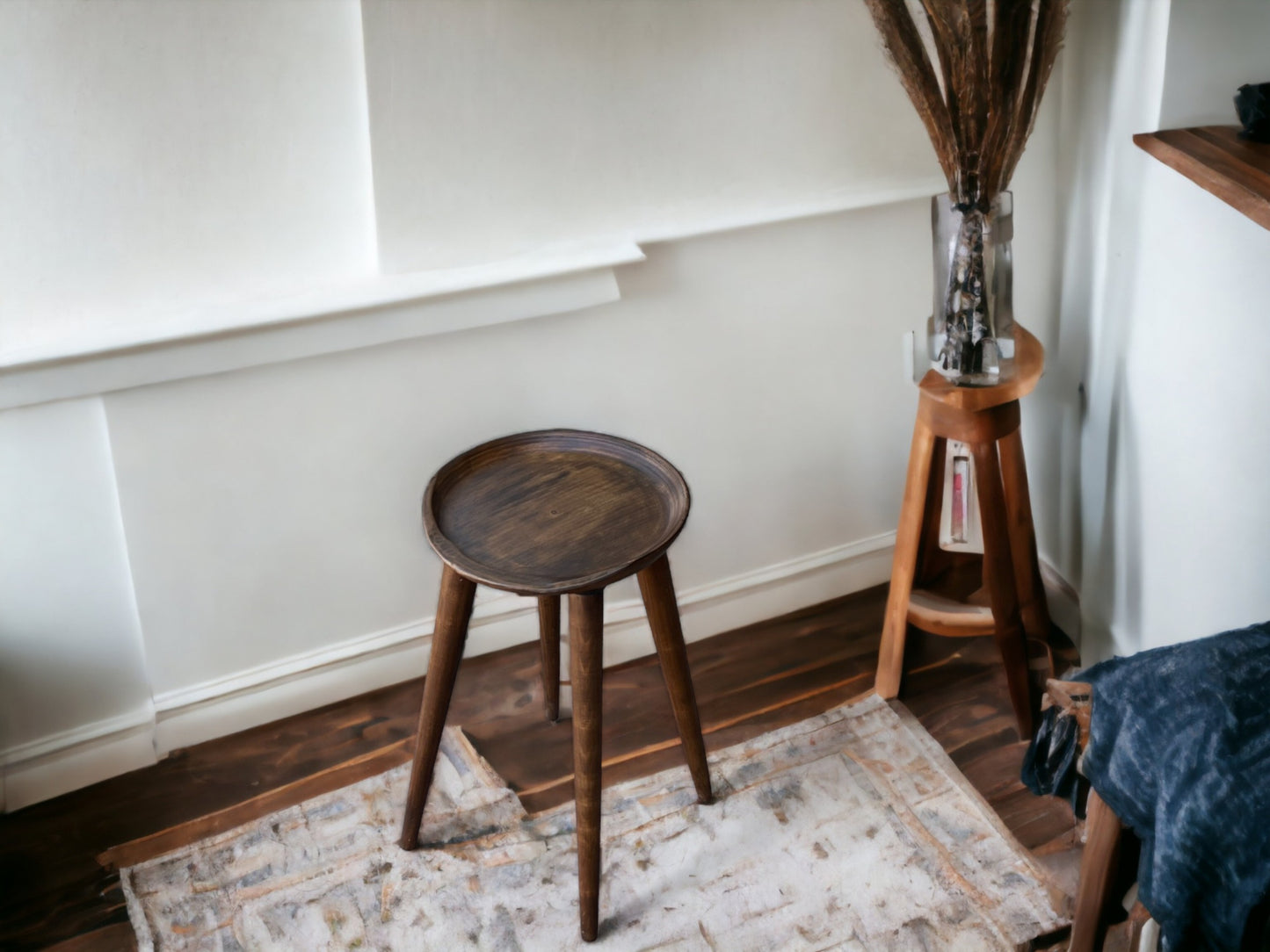 Round Handmade Carved Walnut Stool