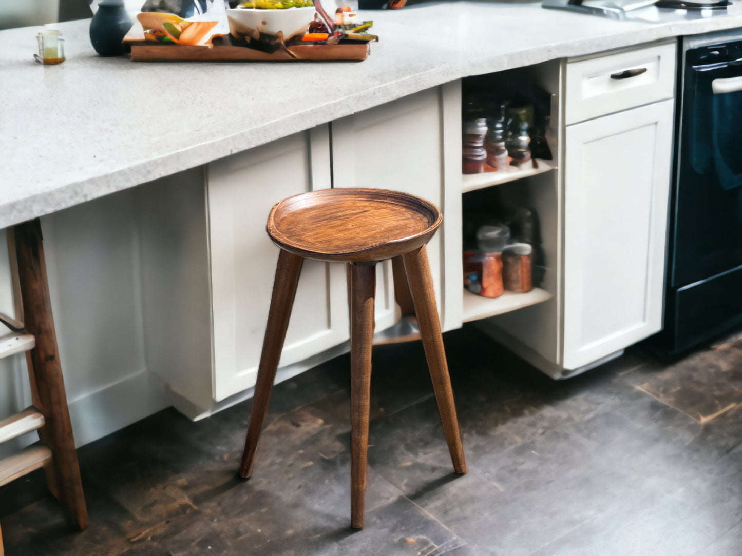 Round Handmade Carved Walnut Stool