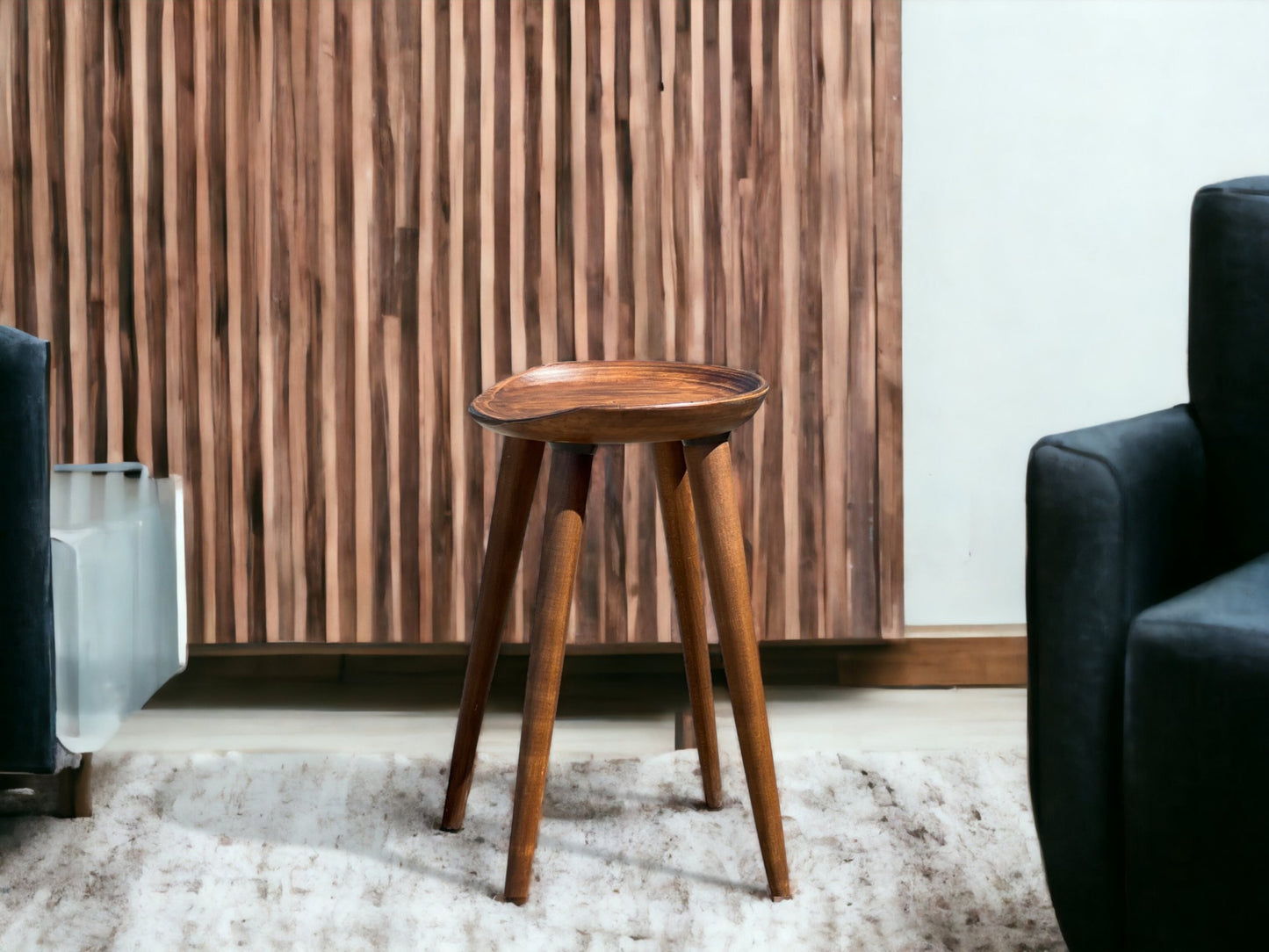 Round Handmade Carved Walnut Stool