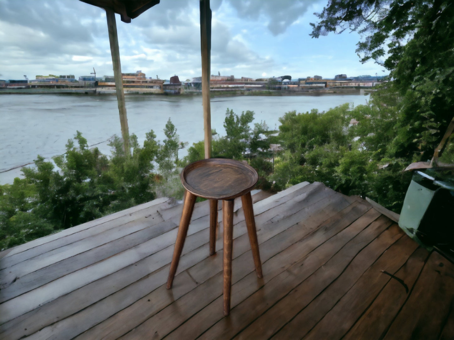 Round Handmade Carved Walnut Stool