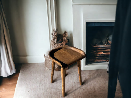 Square Handmade Walnut Carved Stool