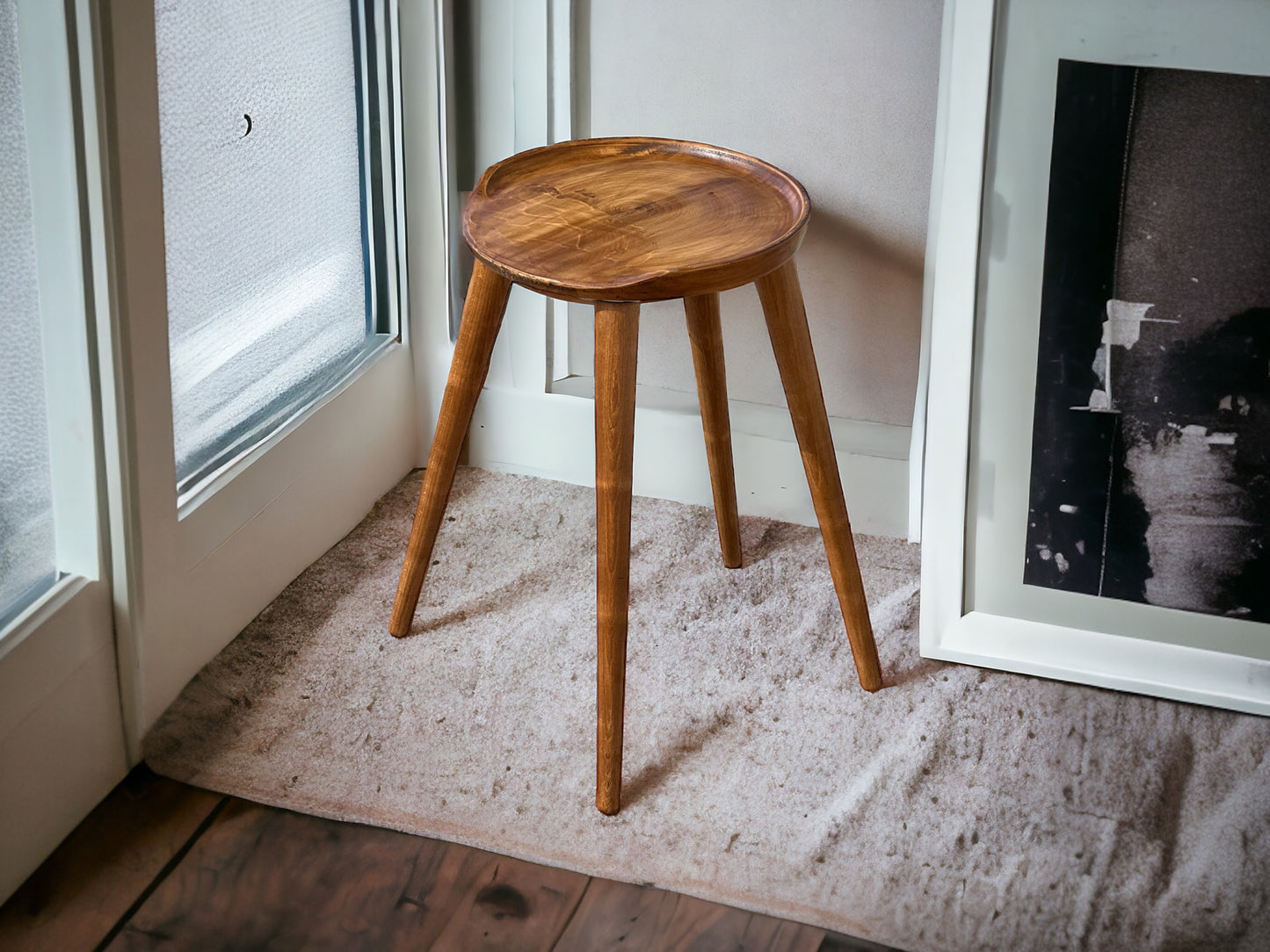 Round Handmade Carved Walnut Stool