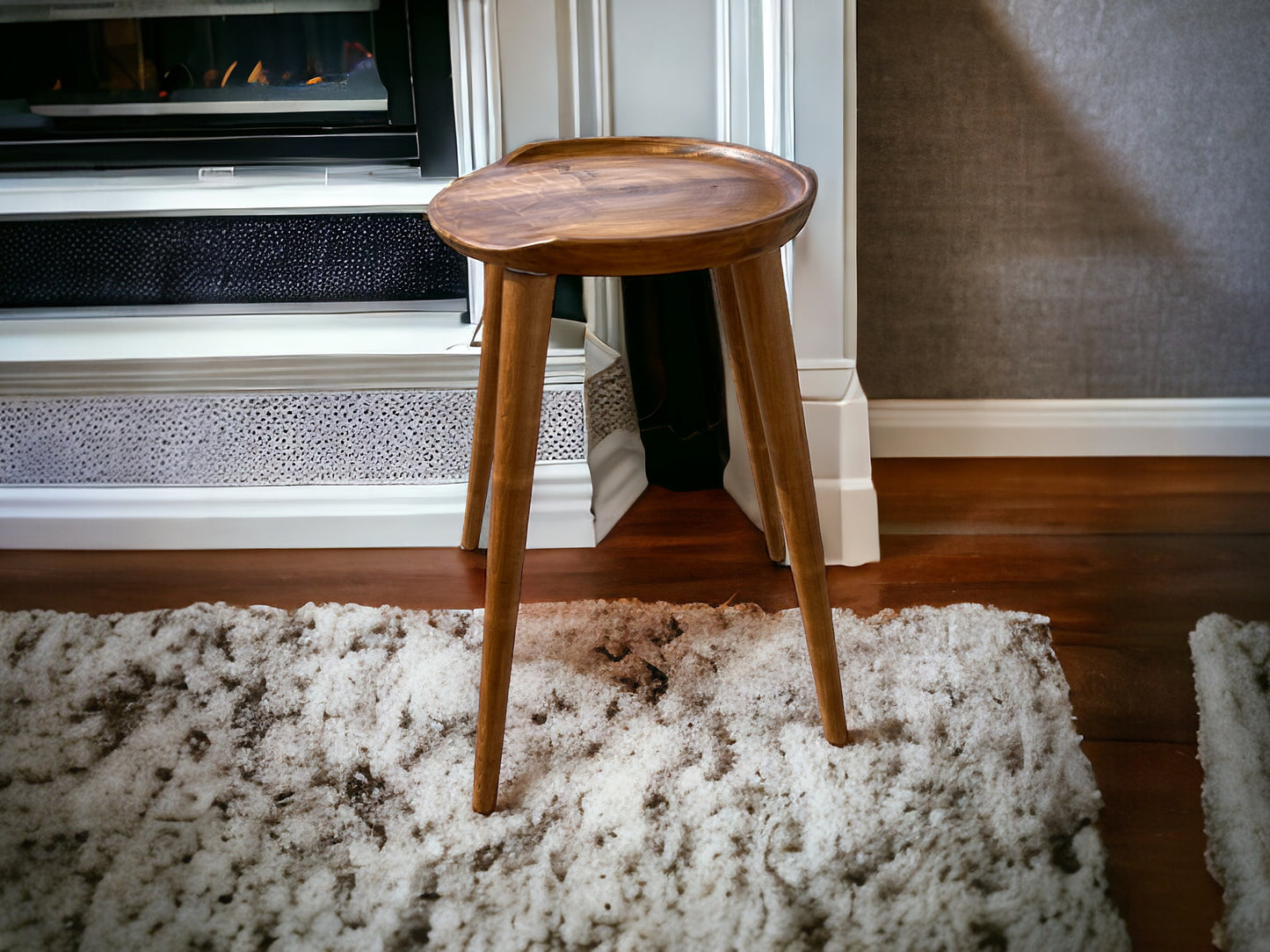 Round Handmade Carved Walnut Stool