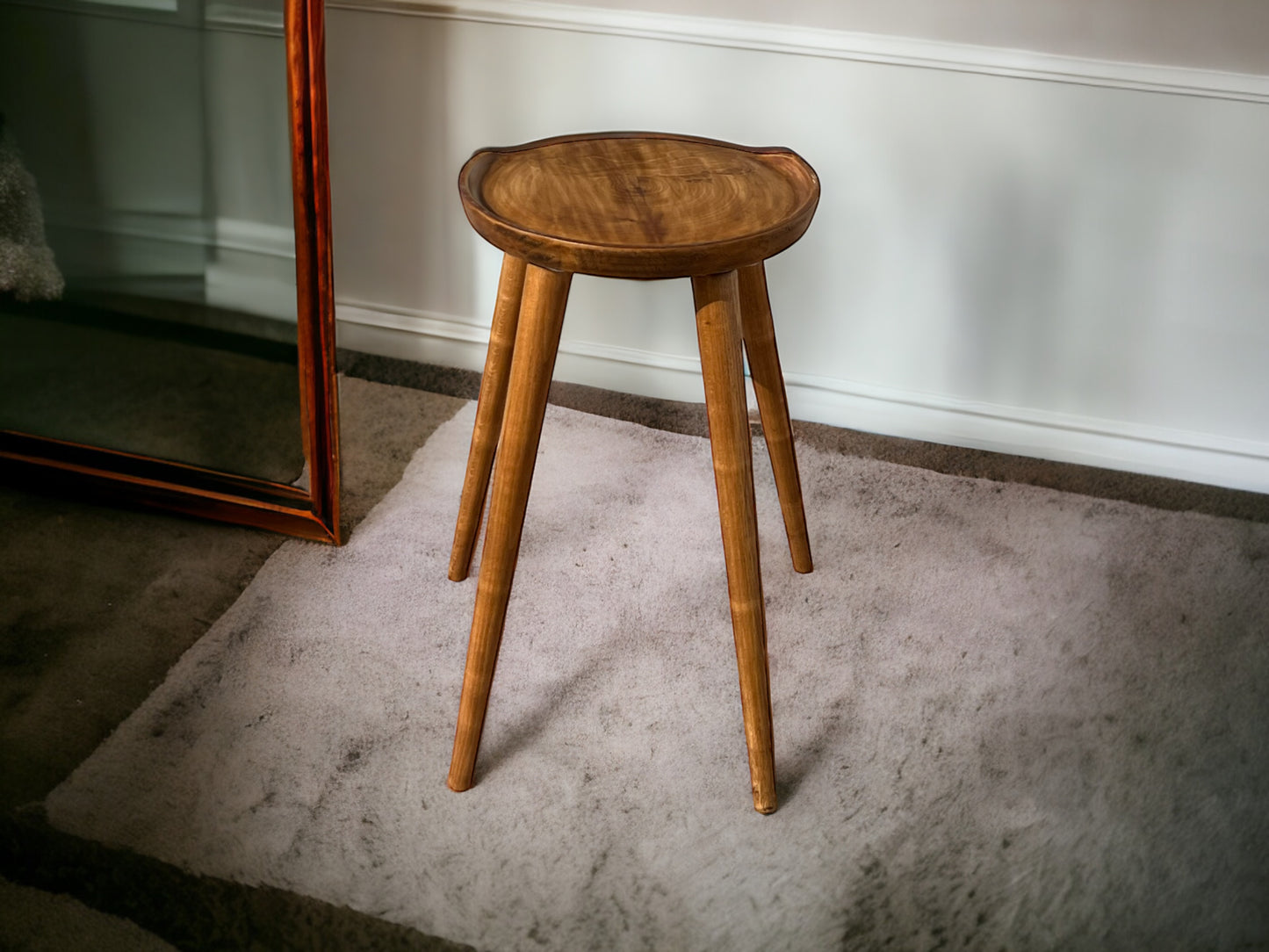 Round Handmade Carved Walnut Stool