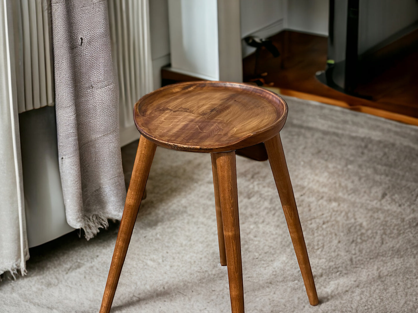 Round Handmade Carved Walnut Stool