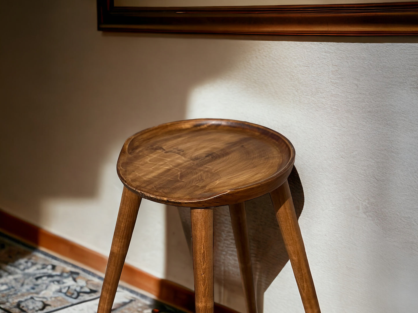 Round Handmade Carved Walnut Stool