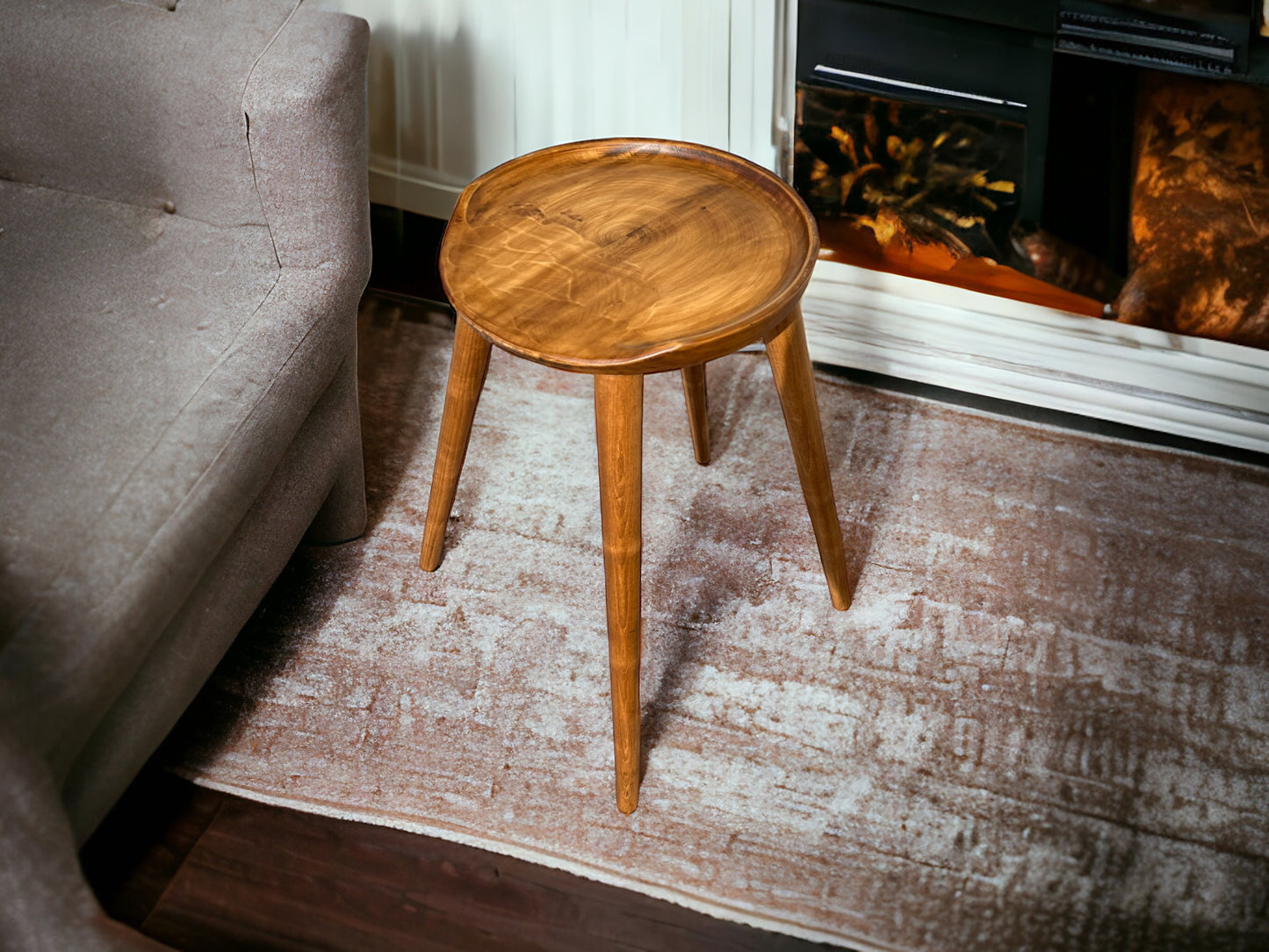 Round Handmade Carved Walnut Stool