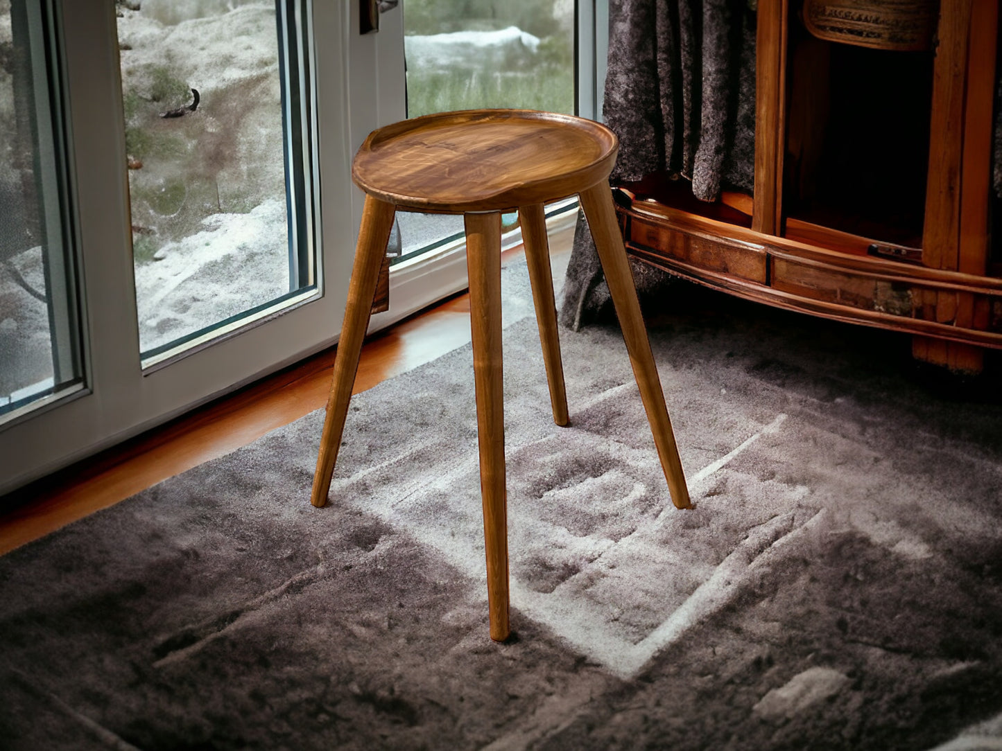 Round Handmade Carved Walnut Stool