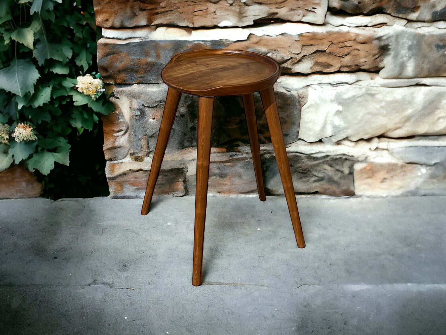 Round Handmade Carved Walnut Stool