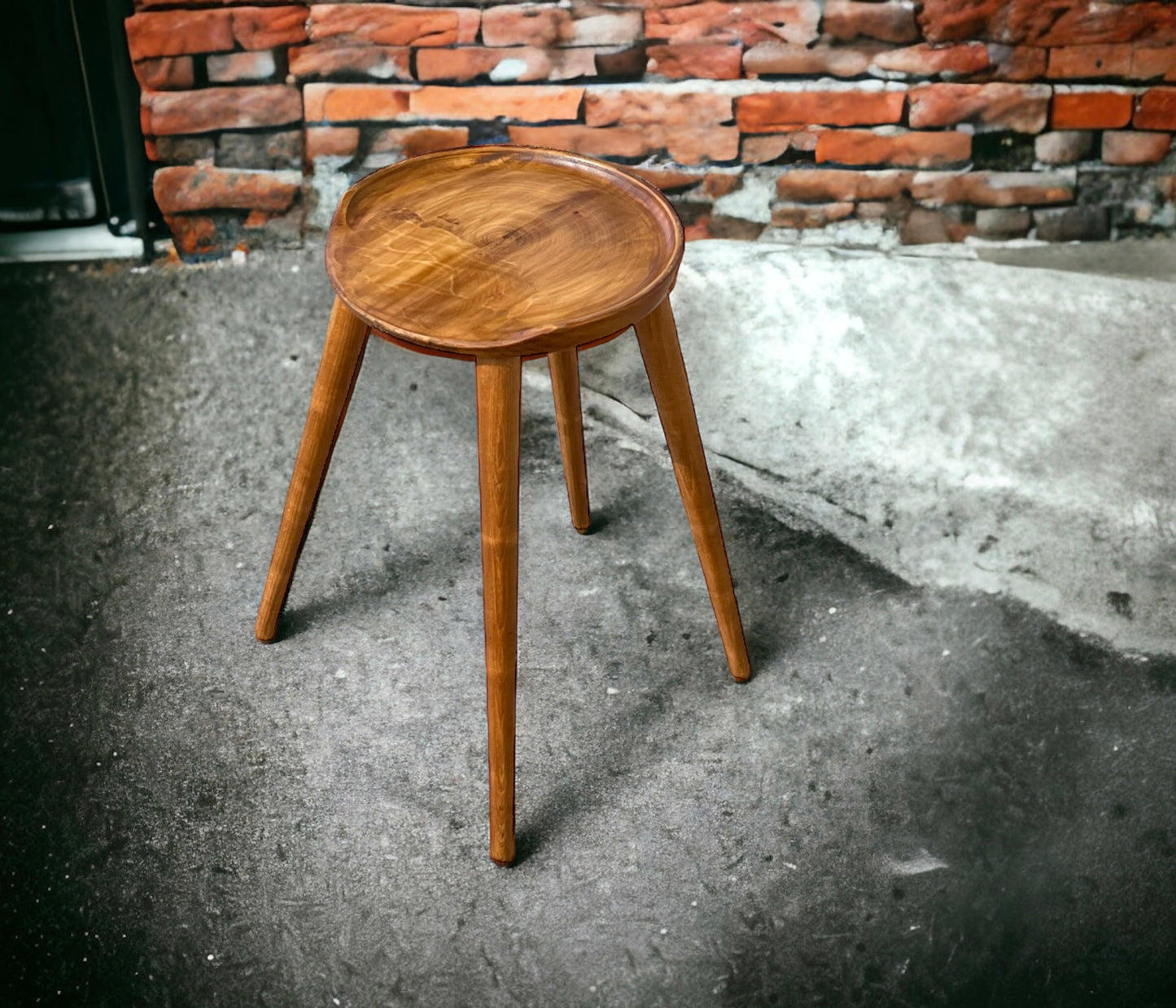 Round Handmade Carved Walnut Stool