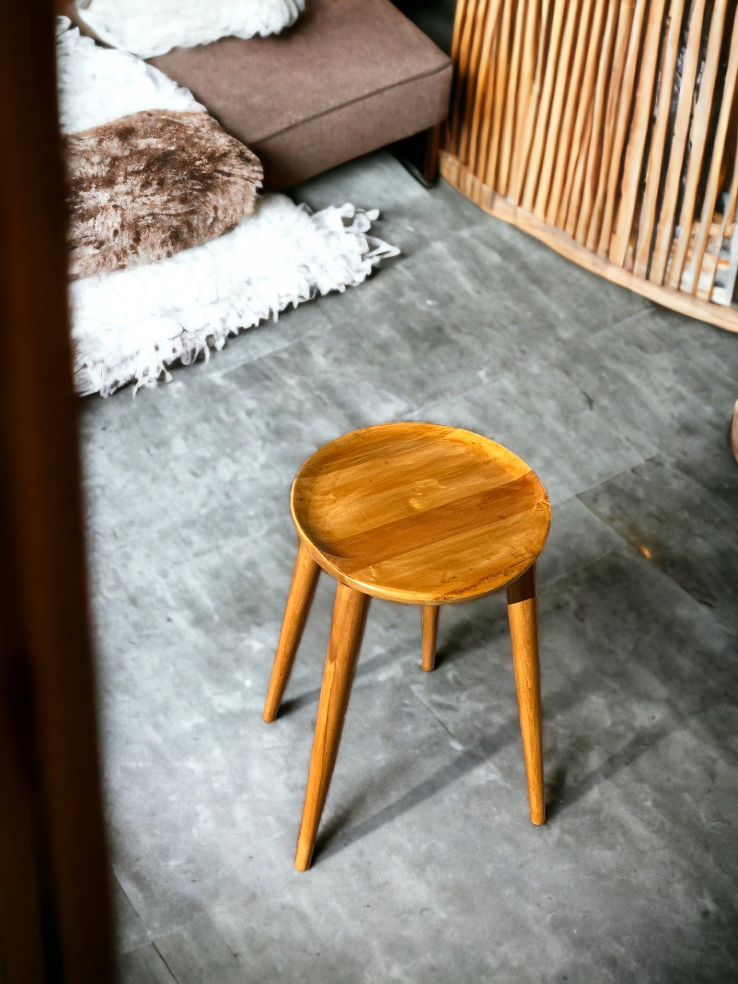 Round Handmade Carved Walnut Stool